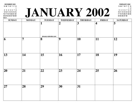 Calendar For January 2002